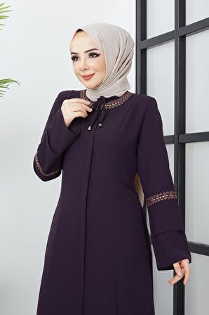 Büyük Beden Nakış İşleme Detaylı Mürdüm Ferace